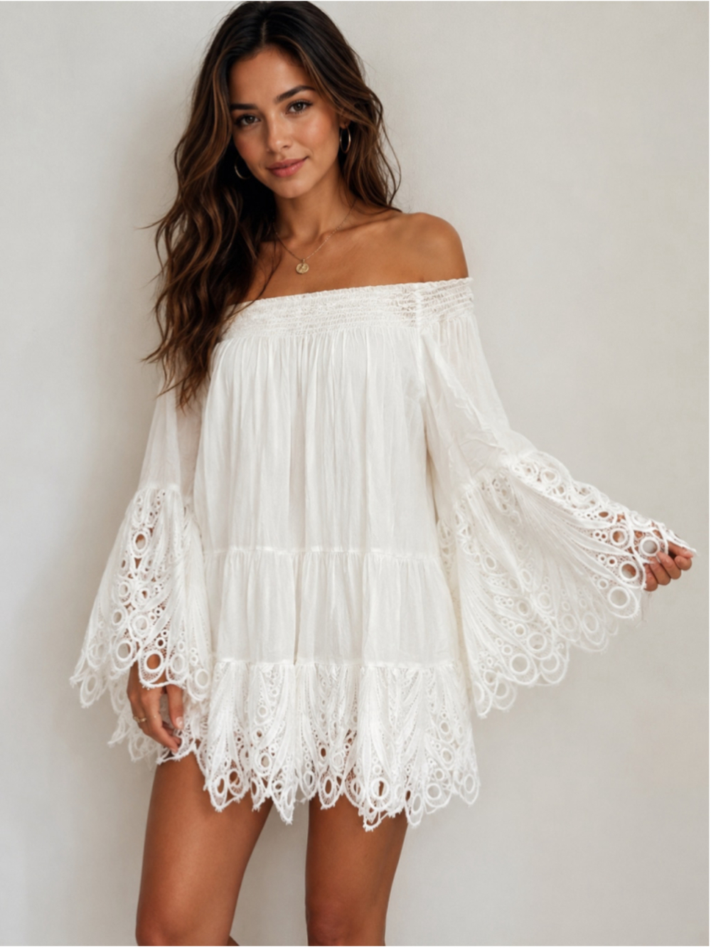 Ranee’s Off Shoulder White Cotton Boho Tunic Dress Crochet Lace Bell Sleeve S/M